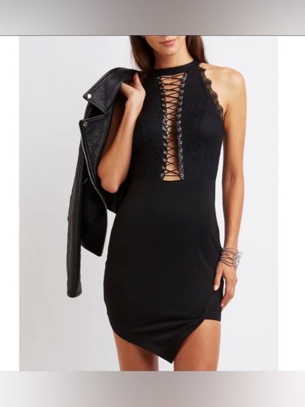 NWOT Trixxi Black Lace Up Halter Asymmetrical Mini Dress XL